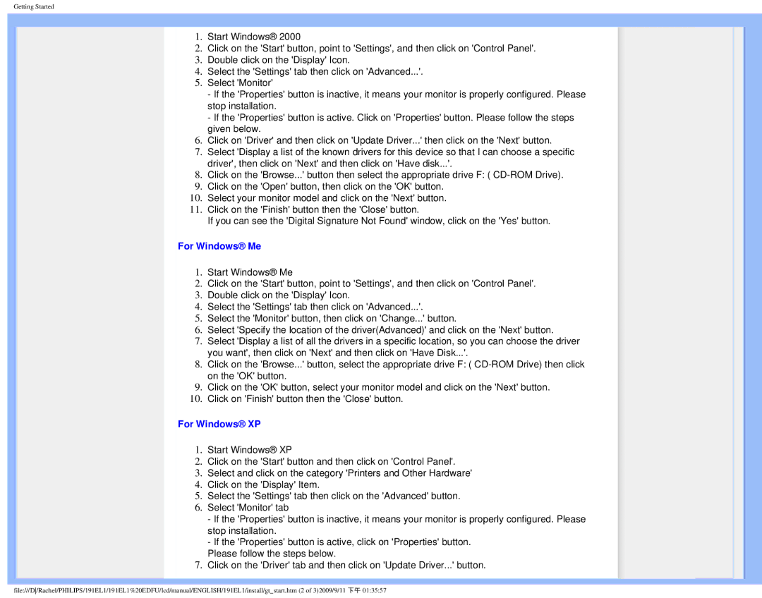 Philips 191EL1SB/27 user manual For Windows Me, For Windows XP 