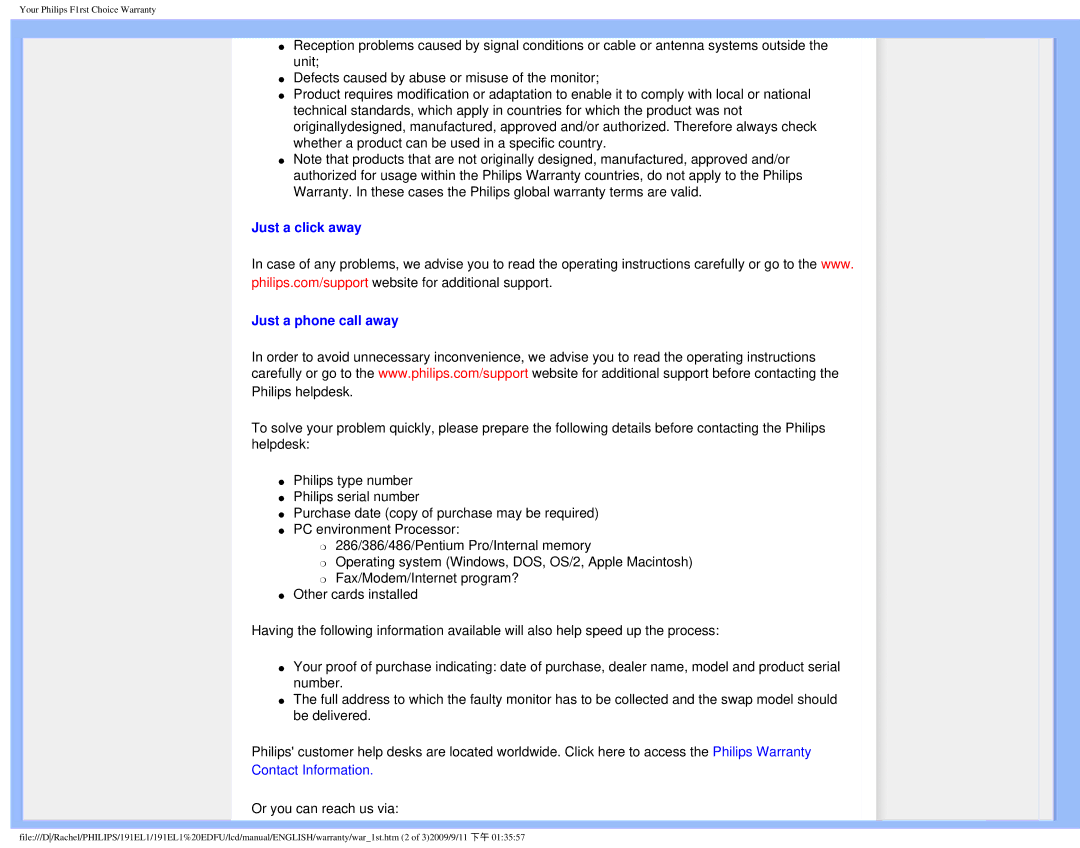 Philips 191EL1SB/27 user manual Just a click away Just a phone call away, Contact Information 