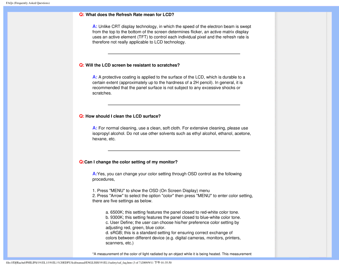 Philips 191EL1SB/27 user manual What does the Refresh Rate mean for LCD?, Will the LCD screen be resistant to scratches? 