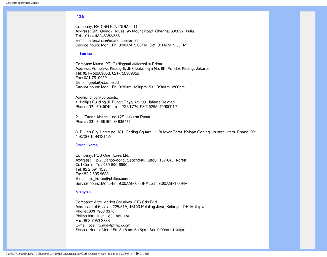 Philips 191EL1SB/27 user manual India 