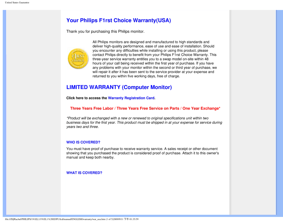 Philips 191EL1SB/27 user manual Your Philips F1rst Choice WarrantyUSA, Limited Warranty Computer Monitor 