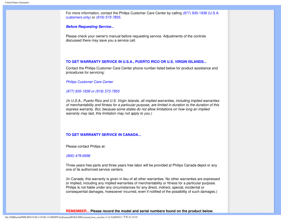 Philips 191EL1SB/27 user manual Before Requesting Service 