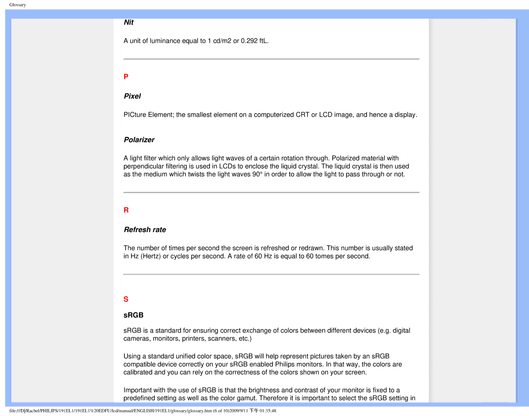 Philips 191EL1SB/27 user manual Nit, Pixel, Polarizer, Refresh rate 