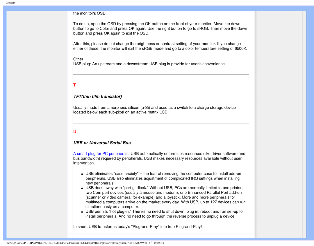Philips 191EL1SB/27 user manual TFTthin film transistor, USB or Universal Serial Bus 