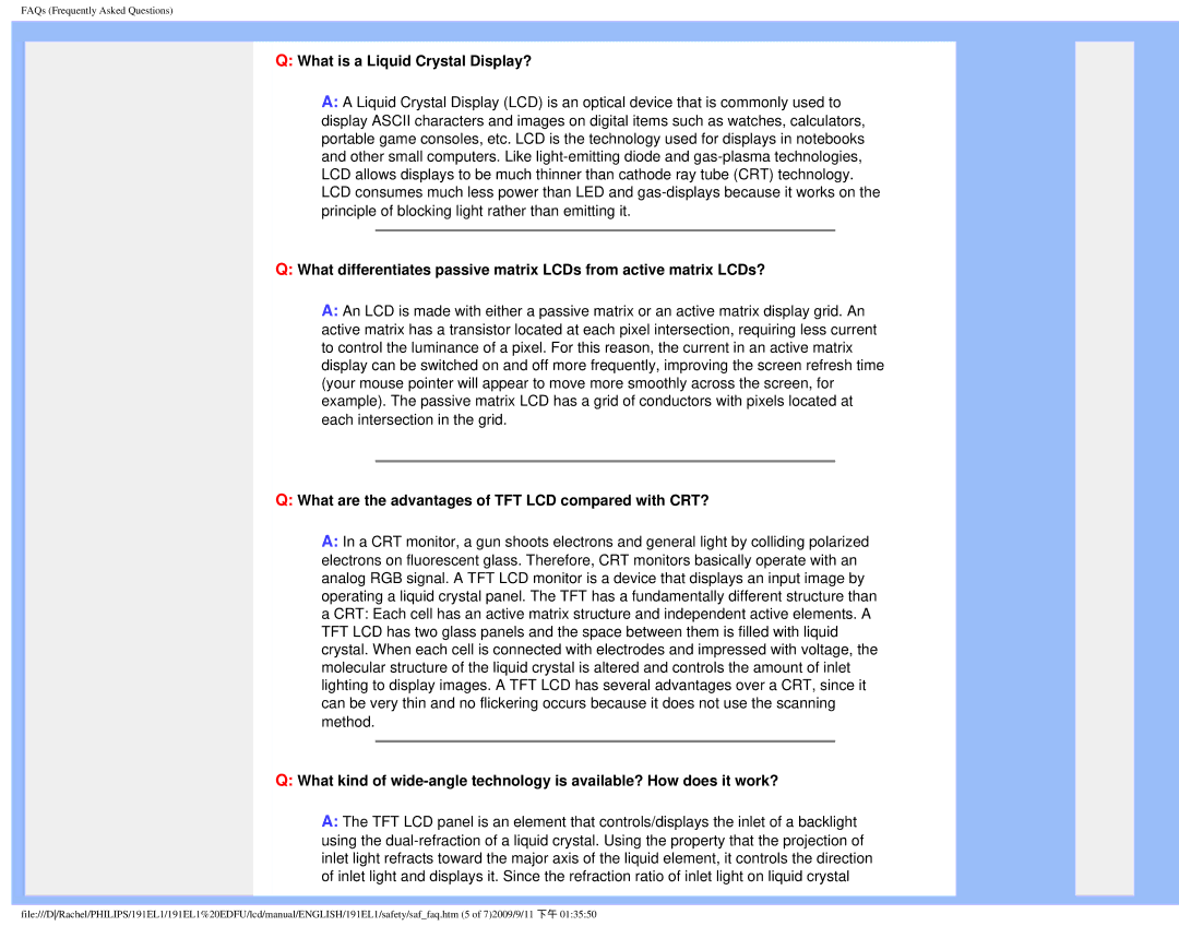 Philips 191EL1SB/27 user manual What is a Liquid Crystal Display?, What are the advantages of TFT LCD compared with CRT? 