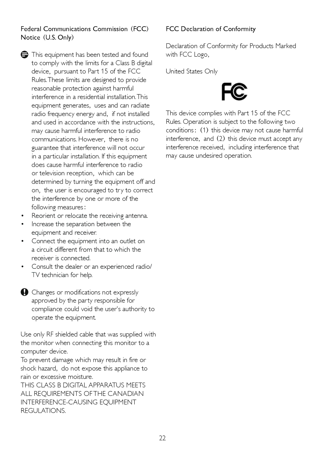 Philips 191EL2, 191E2 Federal Communications Commission FCC Notice U.S. Only, Reorient or relocate the receiving antenna 