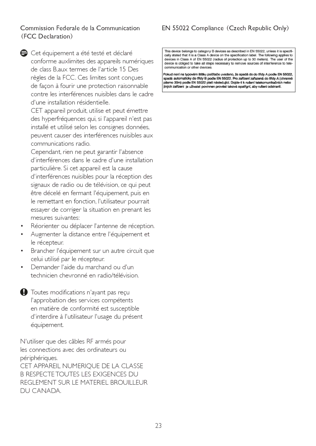 Philips 191E2, 191EL2 manual Commission Federale de la Communication, FCC Declaration 