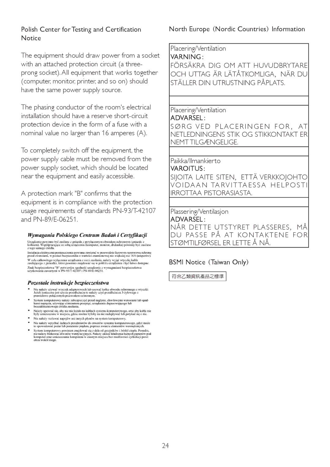 Philips 191EL2, 191E2 manual Polish Center for Testing and Certification Notice, Paikka/Ilmankierto, Plassering/Ventilasjon 