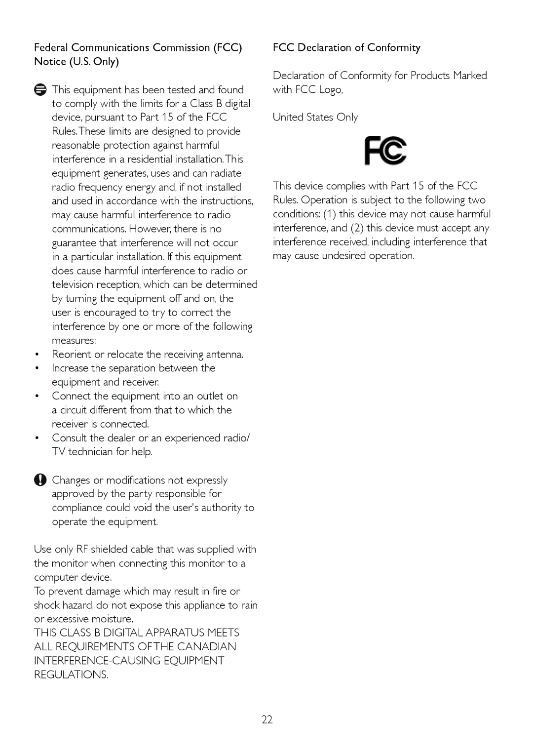 Philips 191EL2SB/00 Federal Communications Commission FCC Notice U.S. Only, Reorient or relocate the receiving antenna 