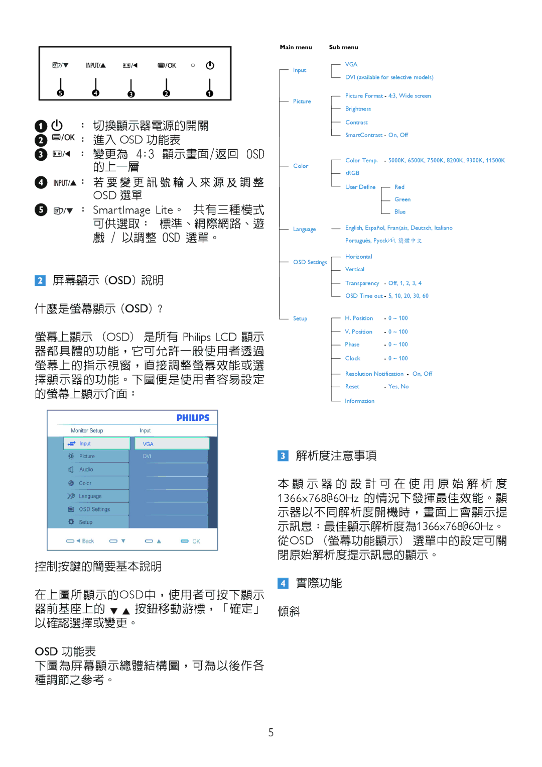 Philips 191EL2SB/00 manual ： 切換顯示器電源的開關 ： 進入 Osd 功能表, ： 變更為 43 顯示畫面/返回 OSD 的上一層, 解析度注意事項, 下圖為屏幕顯示總體結構圖，可為以後作各 種調節之參考。 