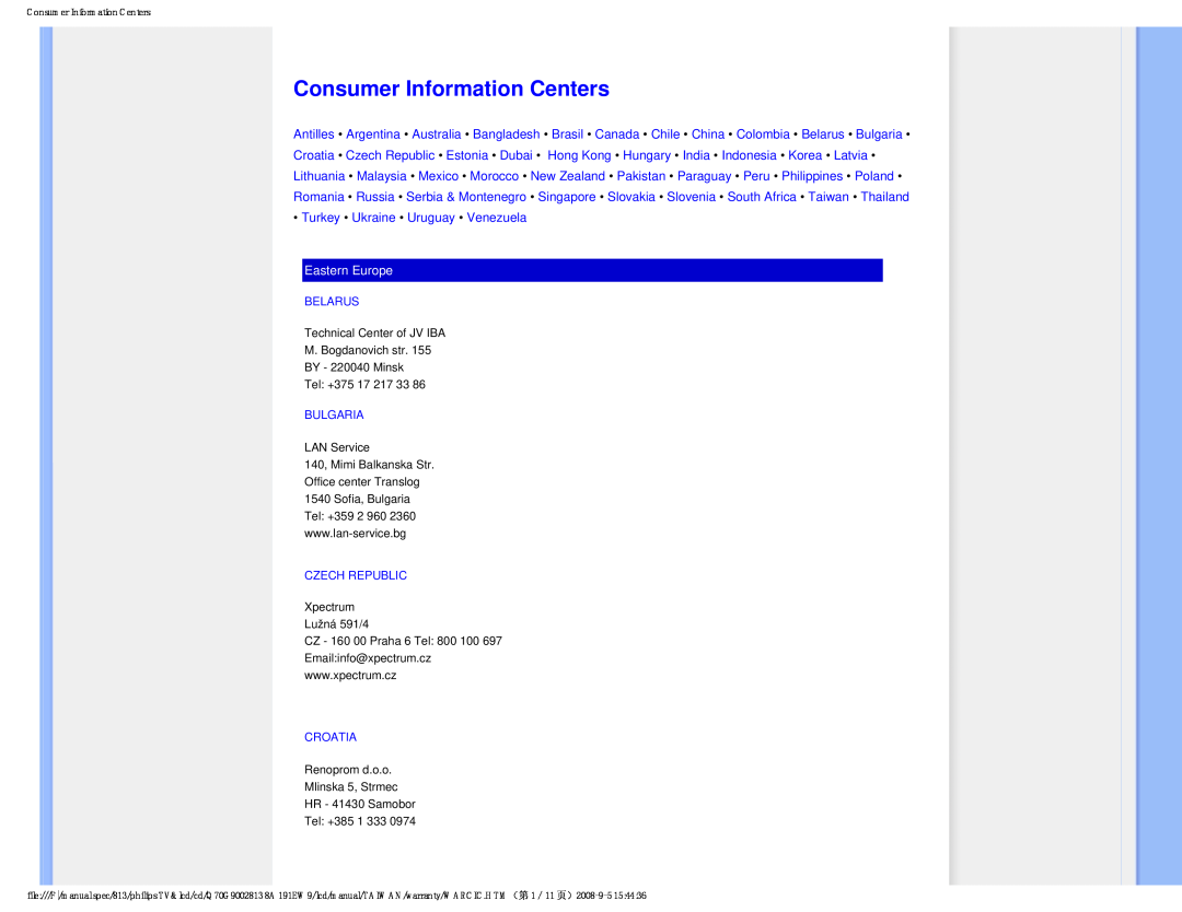Philips 191EW9 user manual Consumer Information Centers, Eastern Europe 