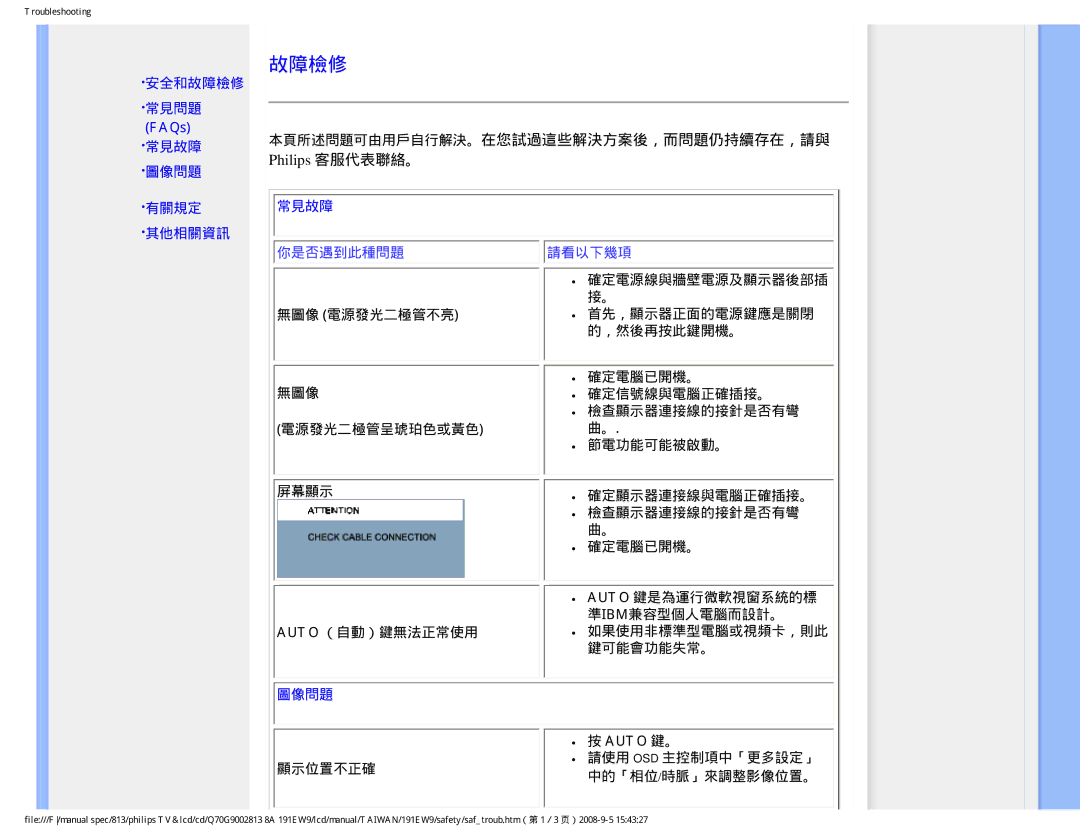 Philips 191EW9 安全和故障檢修 常見問題 FAQs 常見故障 圖像問題, 有關規定 其他相關資訊 常見故障, 無圖像 電源發光二極管不亮 電源發光二極管呈琥珀色或黃色 屏幕顯示 Auto （自動）鍵無法正常使用 