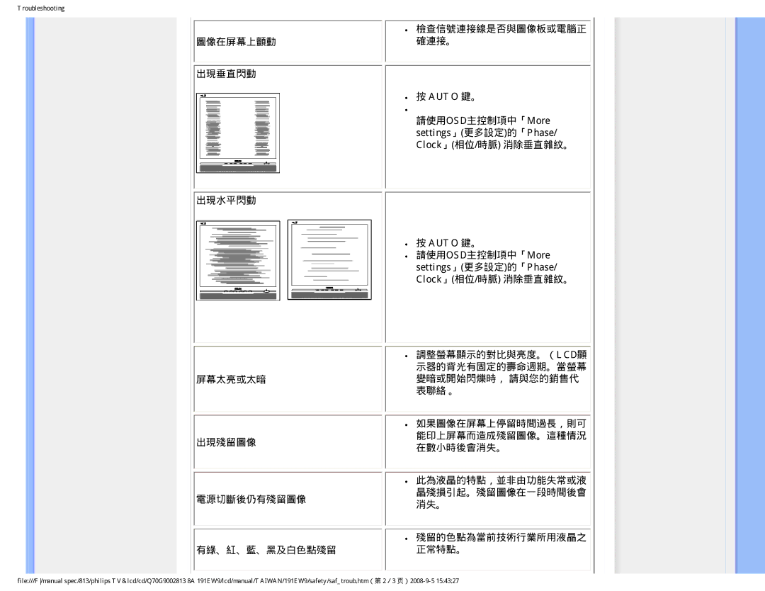 Philips 191EW9 user manual 請使用OSD主控制項中「More settings」更多設定的「Phase/ Clock」相位/時脈 消除垂直雜紋。 