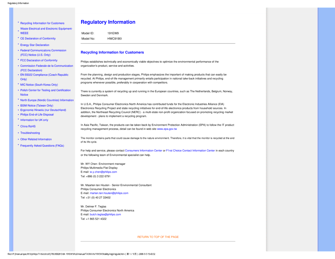 Philips 191EW9 user manual Regulatory Information 