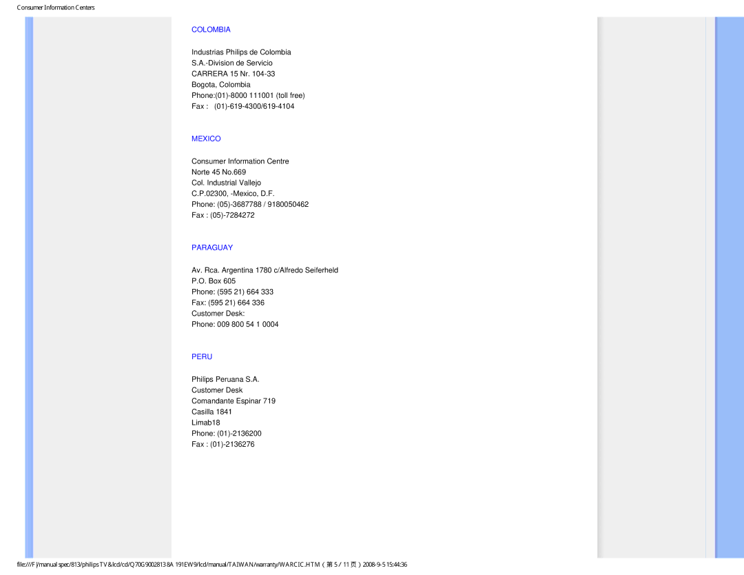 Philips 191EW9 user manual Colombia, Mexico, Paraguay, Peru 