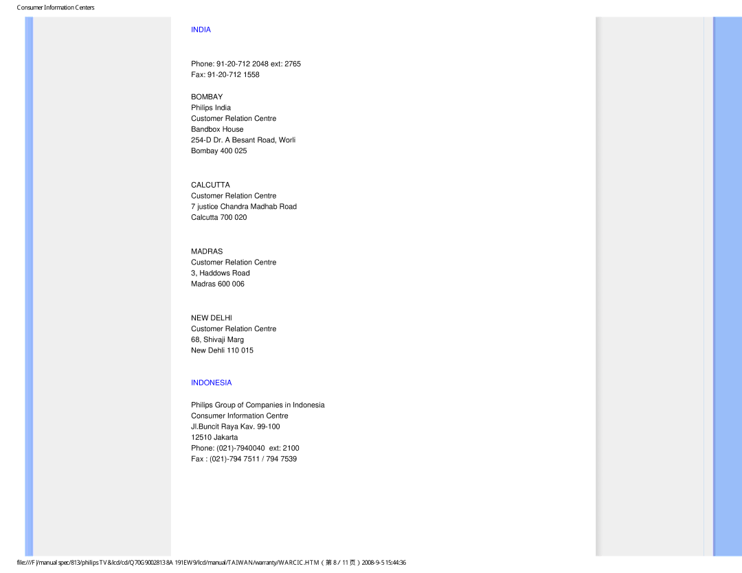 Philips 191EW9 user manual India, Indonesia 