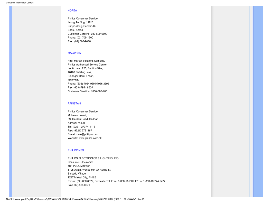 Philips 191EW9 user manual Korea, Malaysia, Pakistan, Philippines 