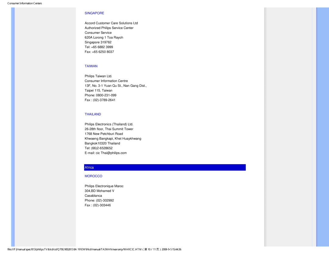 Philips 191EW9 user manual Singapore, Taiwan, Thailand, Morocco 