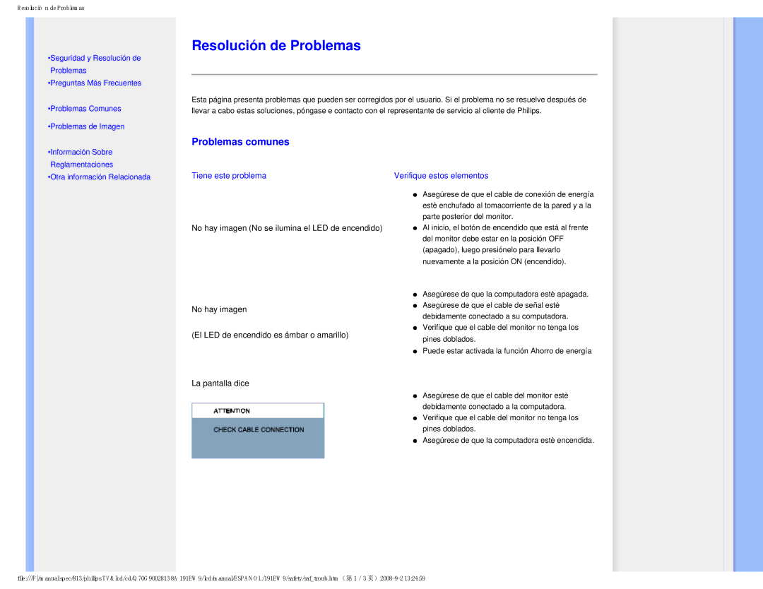 Philips 191EW9 user manual Resolución de Problemas, Problemas comunes 