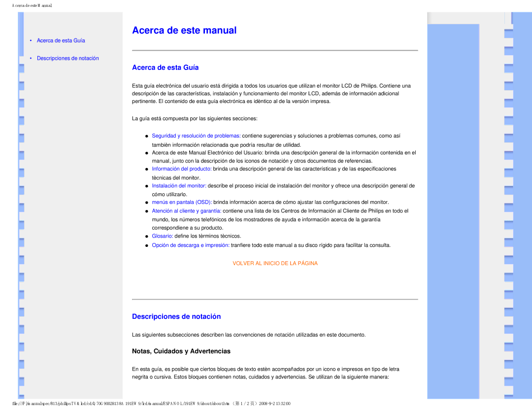 Philips 191EW9 Acerca de este manual, Acerca de esta Guía, Descripciones de notación, Notas, Cuidados y Advertencias 