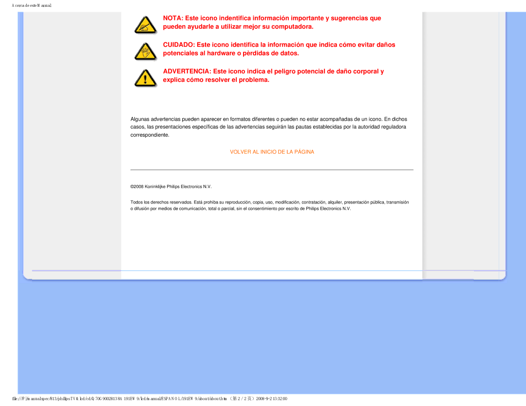 Philips 191EW9 user manual Volver AL Inicio DE LA Página 
