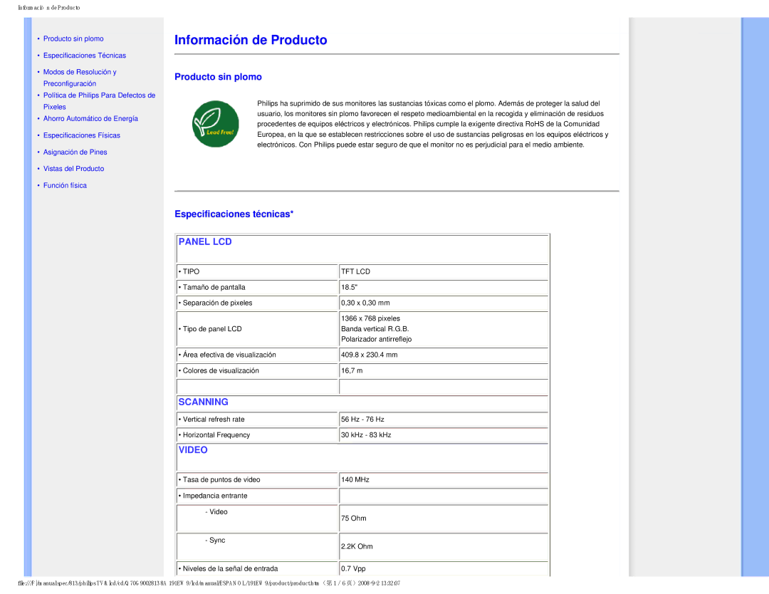 Philips 191EW9 user manual Producto sin plomo, Especificaciones técnicas 