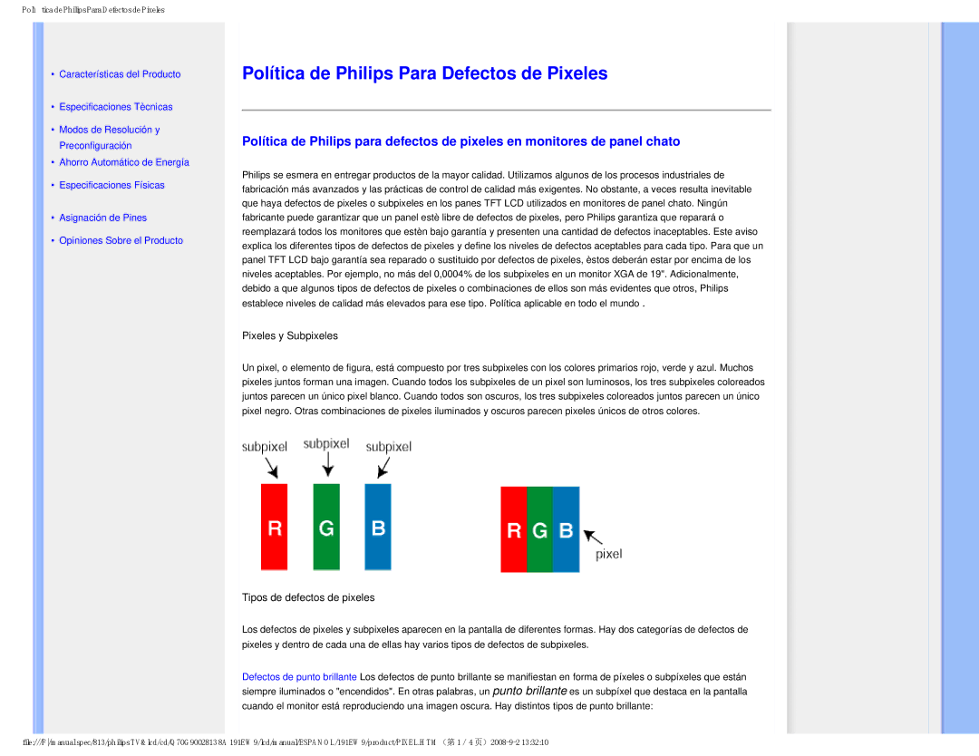 Philips 191EW9 user manual Política de Philips Para Defectos de Pixeles, Pixeles y Subpixeles 