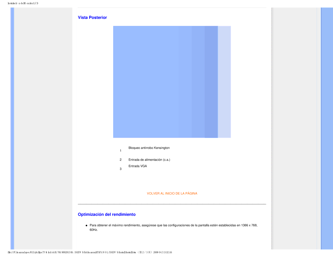 Philips 191EW9 user manual Vista Posterior, Optimización del rendimiento 