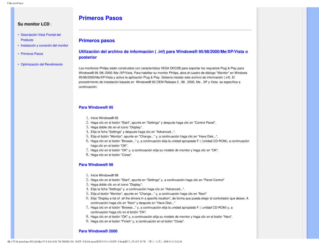 Philips 191EW9 user manual Primeros Pasos, Para Windows 