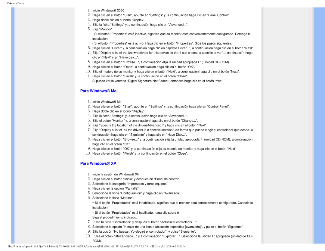Philips 191EW9 user manual Para Windows Me, Para Windows XP 
