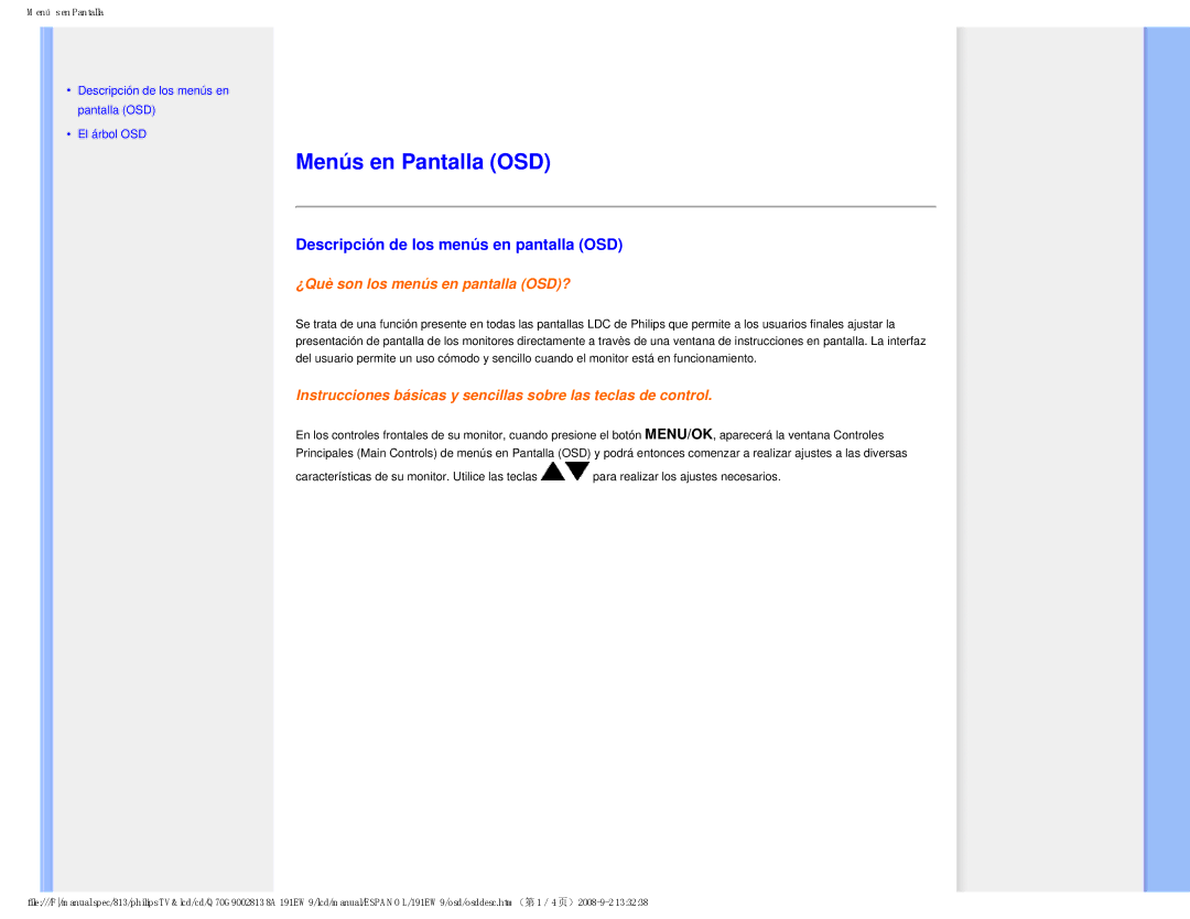 Philips 191EW9 user manual Menús en Pantalla OSD, Descripción de los menús en pantalla OSD 