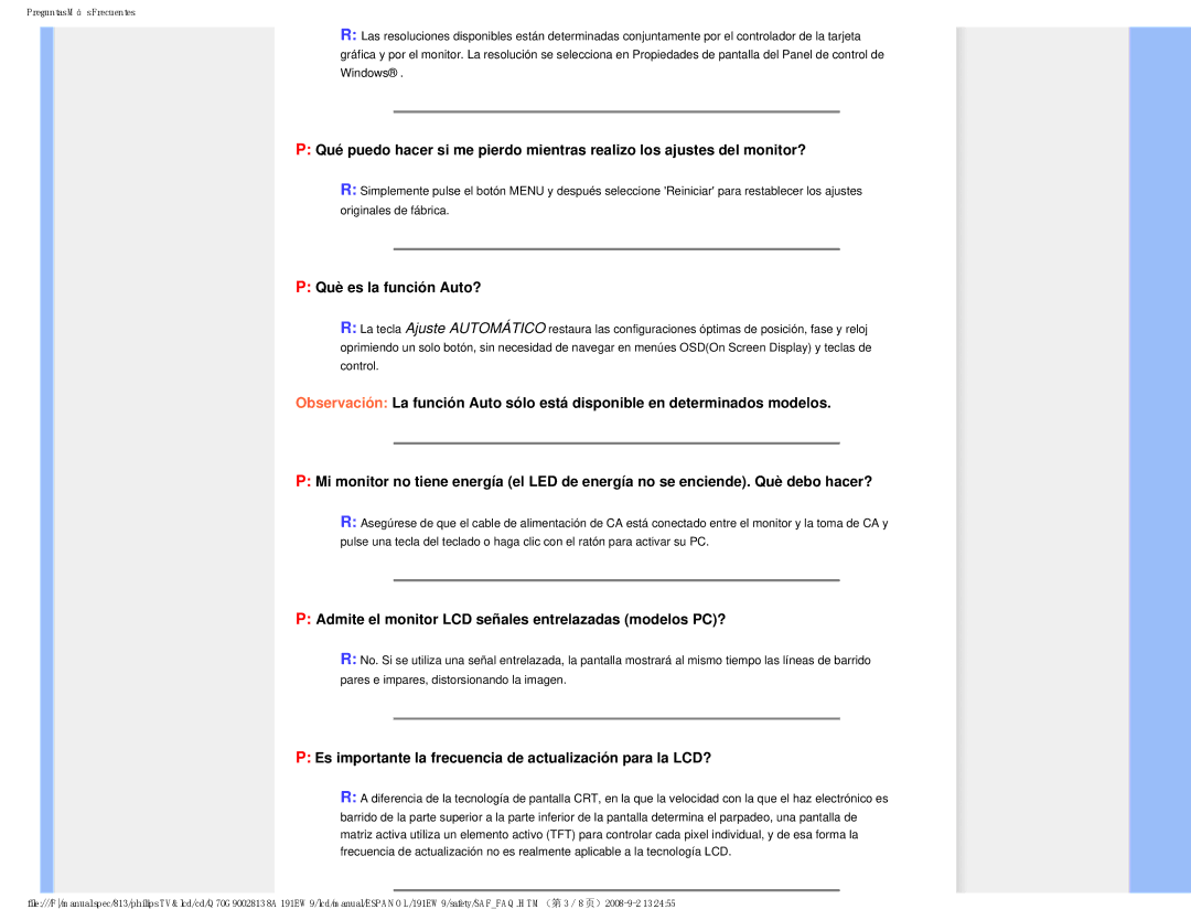 Philips 191EW9 user manual Què es la función Auto?, Admite el monitor LCD señales entrelazadas modelos PC? 