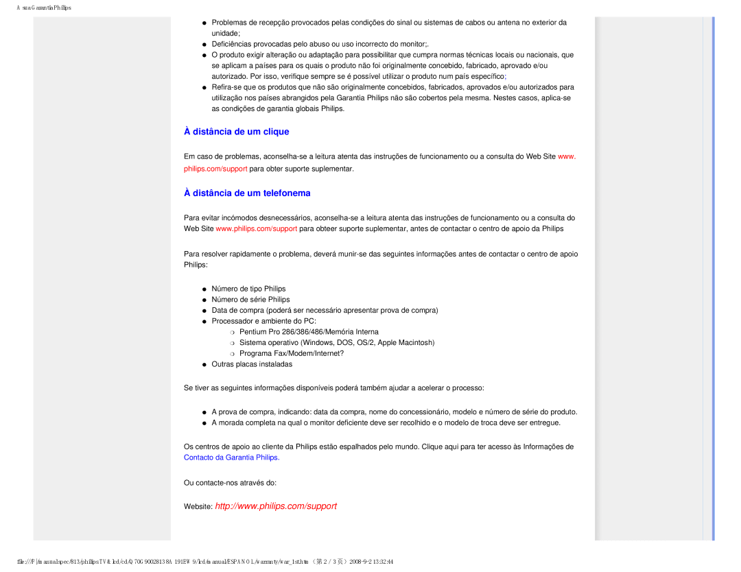 Philips 191EW9 user manual Distância de um clique Distância de um telefonema, Contacto da Garantia Philips 