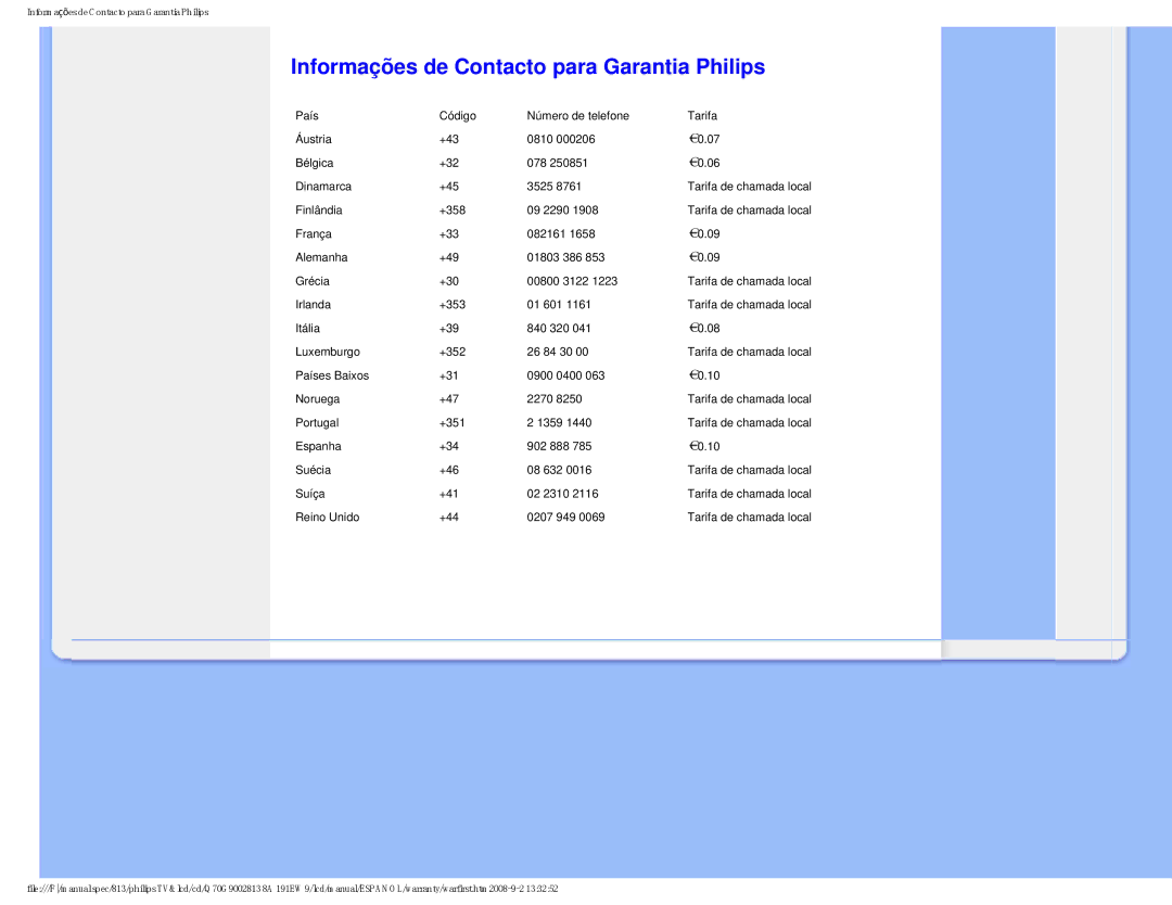 Philips 191EW9 user manual Informações de Contacto para Garantia Philips, Reino Unido +44 0207 949 