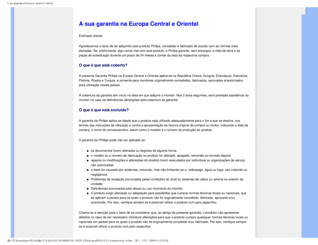 Philips 191EW9 user manual Sua garantia na Europa Central e Oriental 