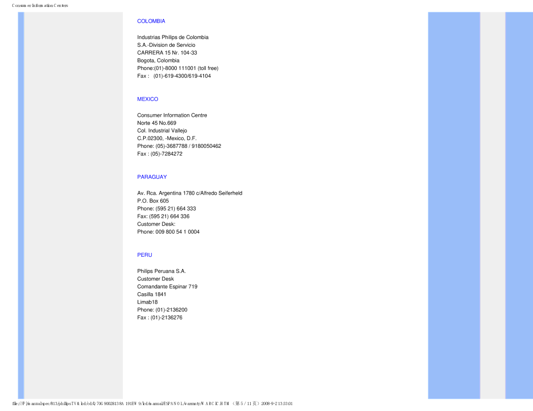 Philips 191EW9 user manual Colombia, Mexico, Paraguay, Peru 