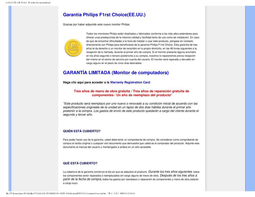 Philips 191EW9 user manual Garantía Philips F1rst ChoiceEE.UU, Garantía Limitada Monitor de computadora 