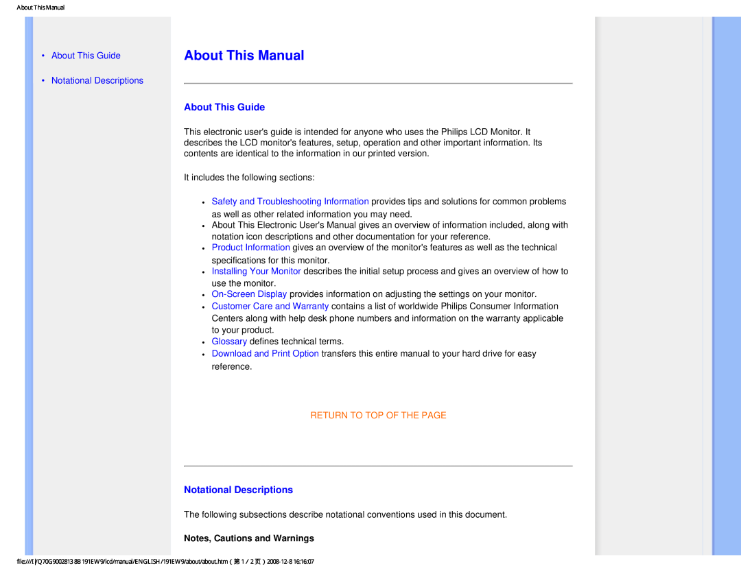 Philips 191EW9FB/27 About This Manual, About This Guide Notational Descriptions, Return To Top Of The Page 