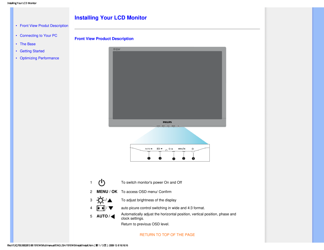 Philips 191EW9FB/27 user manual Installing Your LCD Monitor, Front View Product Description, Menu / Ok, Auto 