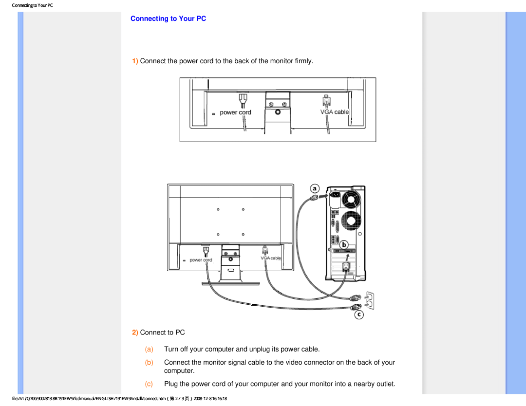 Philips 191EW9FB/27 user manual Connecting to Your PC 