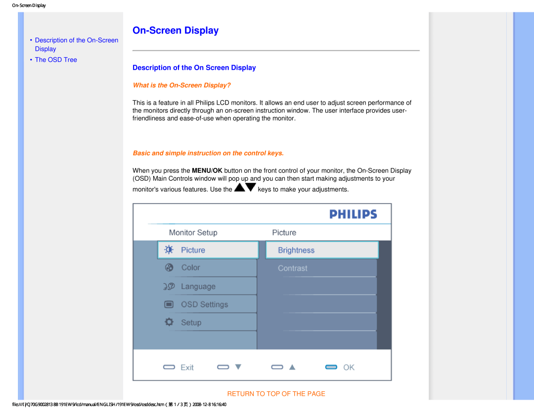 Philips 191EW9FB/27 Description of the On Screen Display, What is the On-Screen Display?, Return To Top Of The Page 