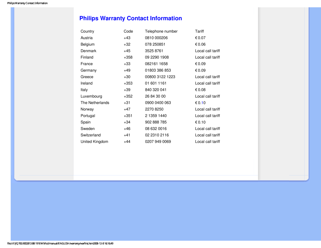 Philips 191EW9FB/27 user manual Philips Warranty Contact Information 