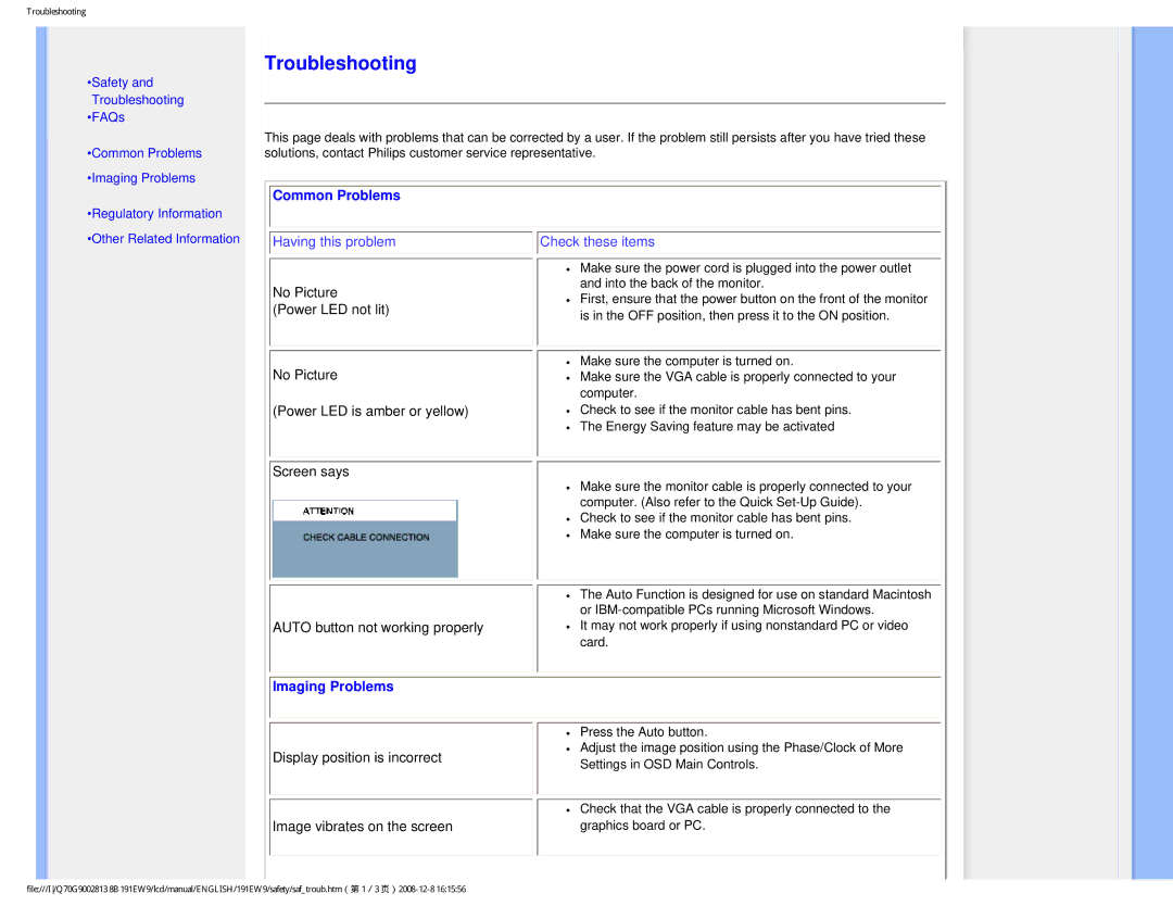 Philips 191EW9FB/27 user manual Common Problems, Imaging Problems 