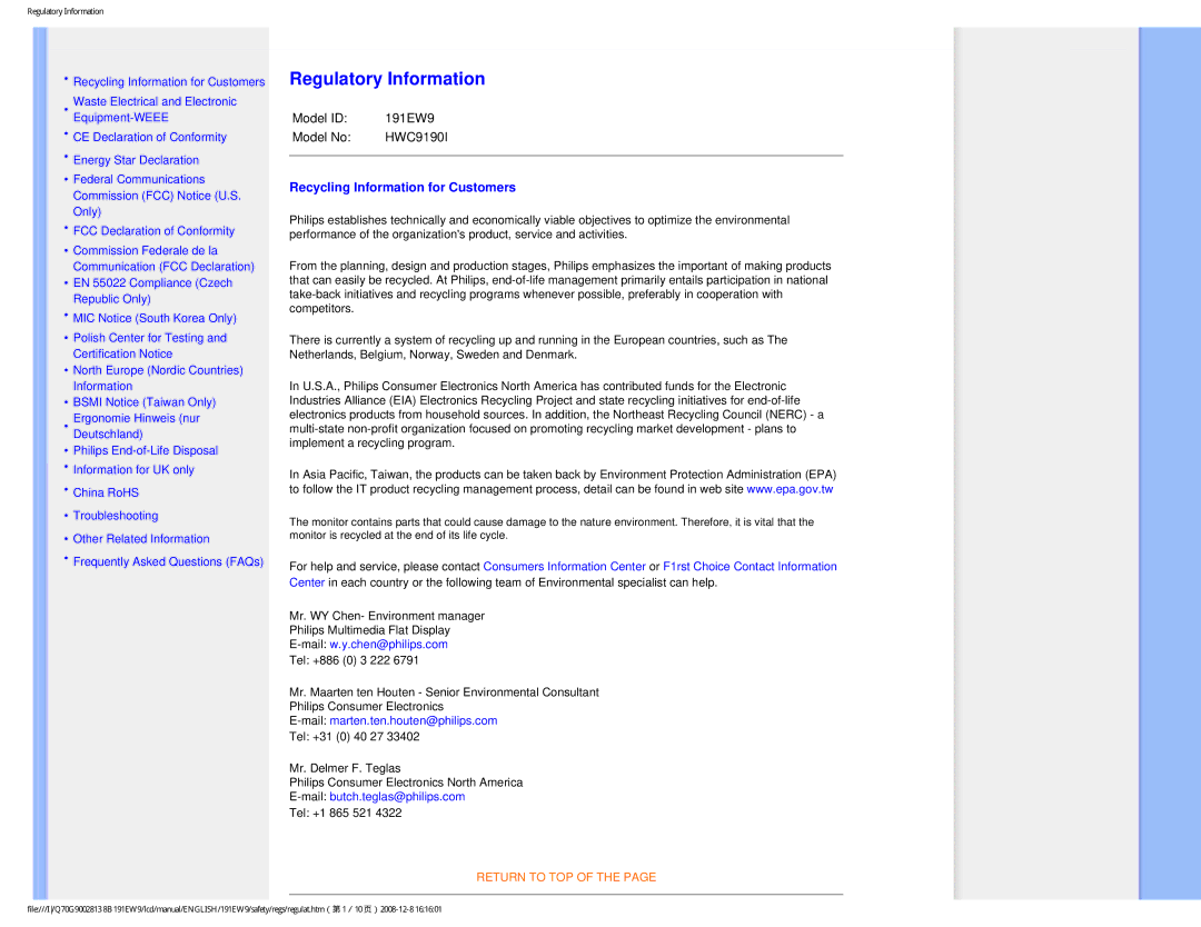 Philips 191EW9FB/27 user manual Regulatory Information, Recycling Information for Customers 