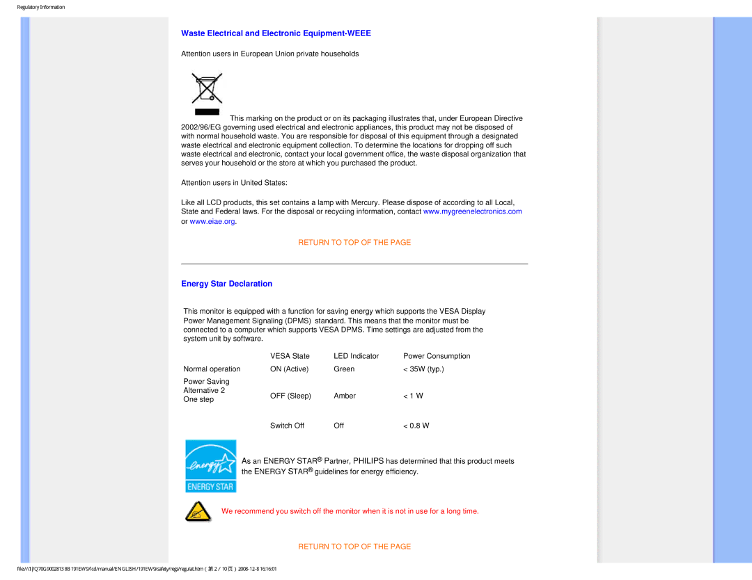 Philips 191EW9FB/27 user manual Waste Electrical and Electronic Equipment-WEEE, Energy Star Declaration 