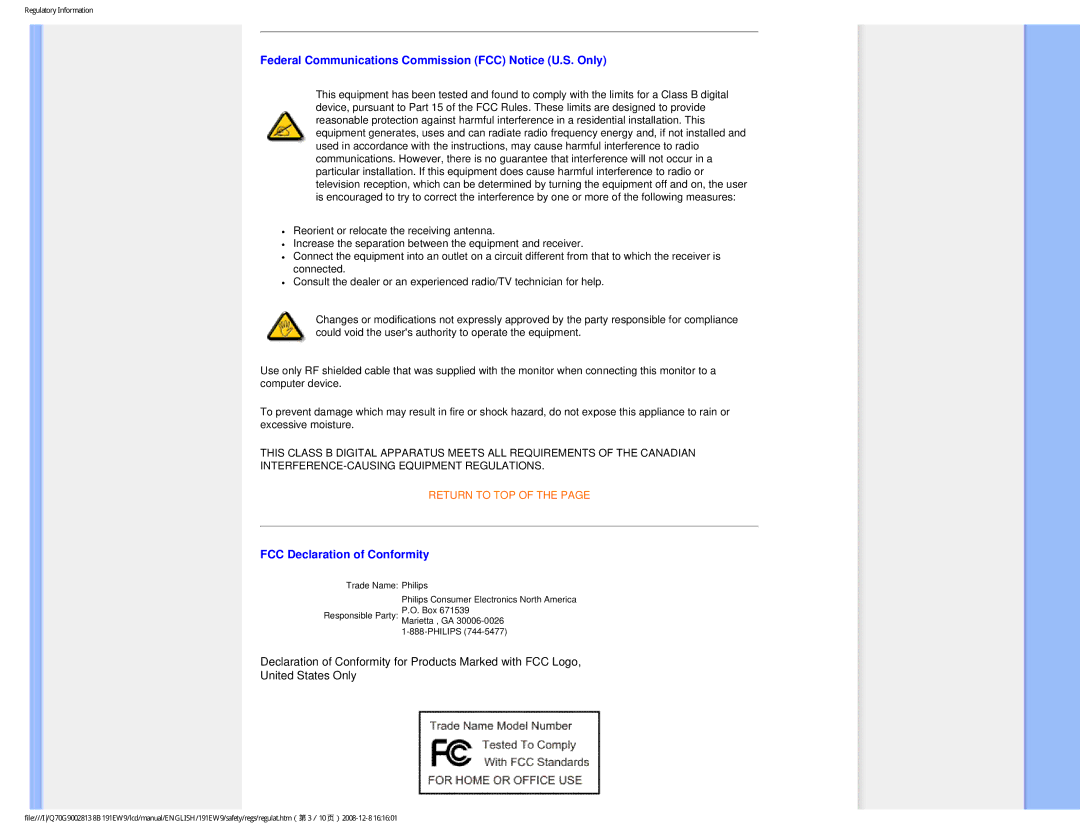 Philips 191EW9FB/27 user manual Federal Communications Commission FCC Notice U.S. Only, FCC Declaration of Conformity 