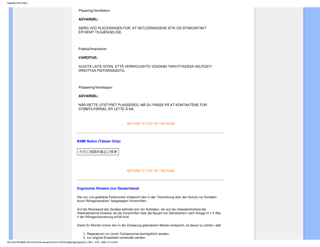 Philips 191EW9FB/27 user manual Bsmi Notice Taiwan Only, Ergonomie Hinweis nur Deutschland 