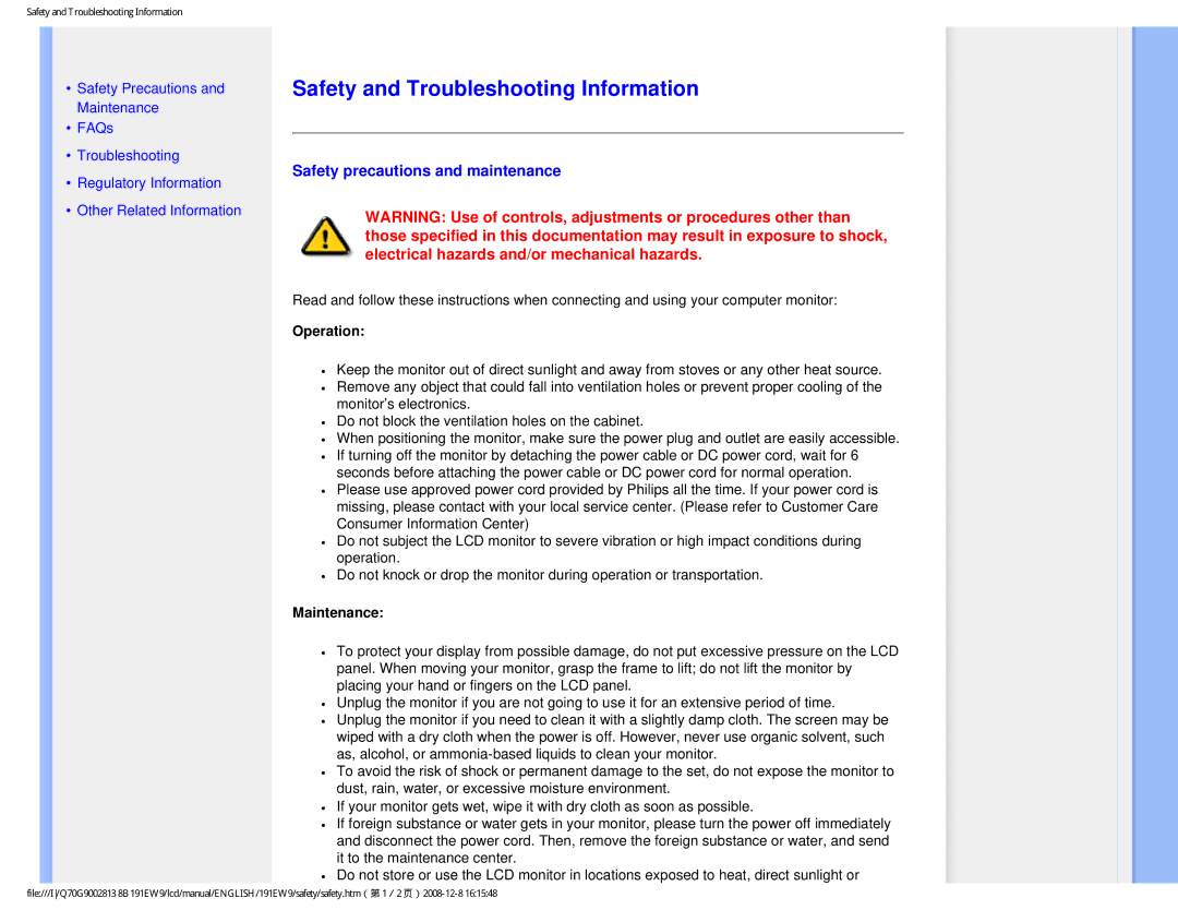 Philips 191EW9FB/27 Safety and Troubleshooting Information, Safety precautions and maintenance, Operation, Maintenance 