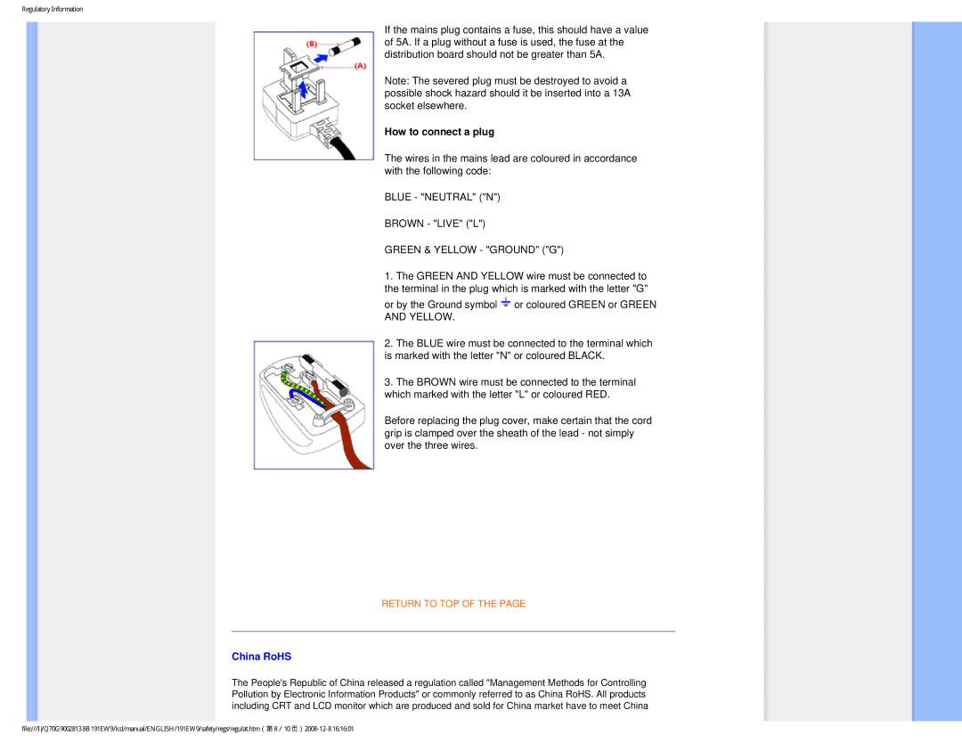 Philips 191EW9FB/27 user manual How to connect a plug, China RoHS 