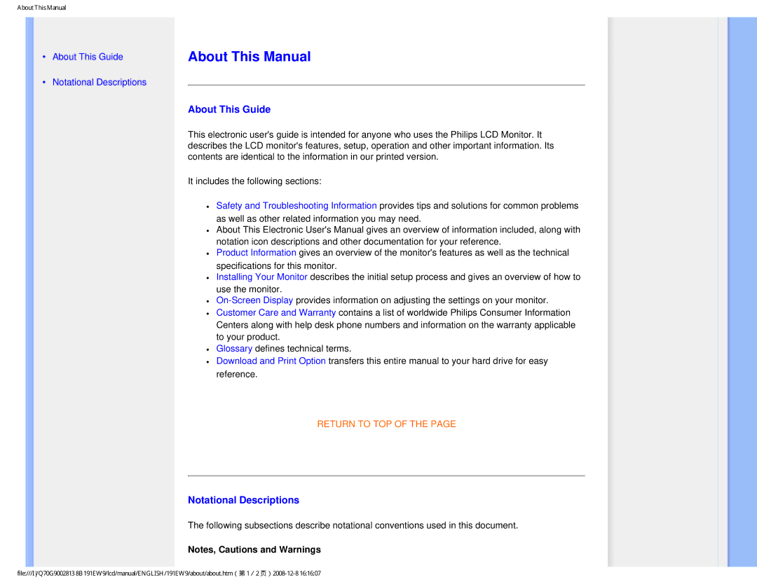 Philips 191EW9FB/27 user manual About This Manual, About This Guide, Notational Descriptions 